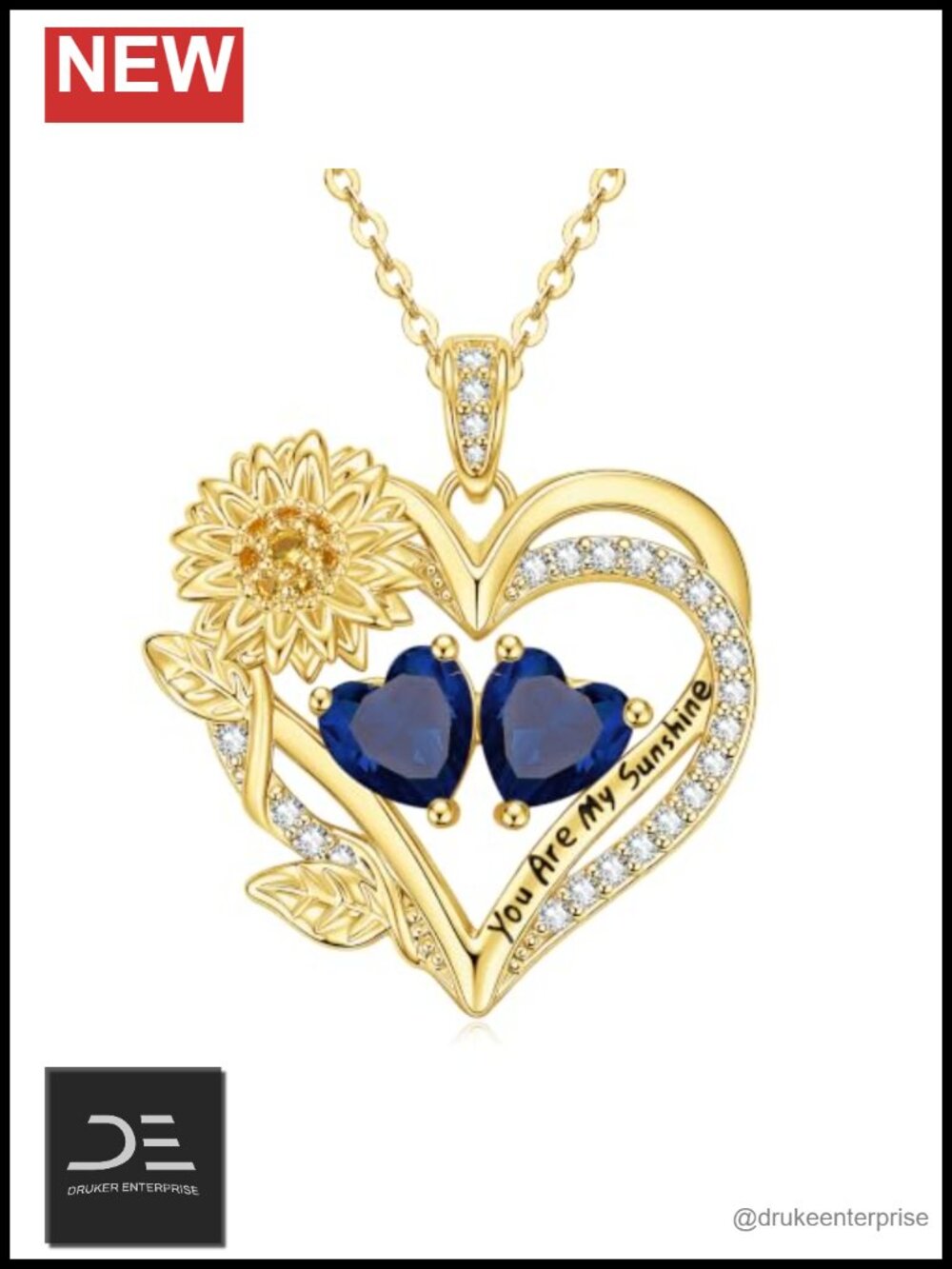 14K Gold Plated Sunflower Double Birthstone Heart Pendant Necklace for Women